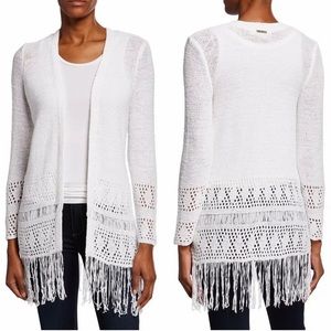 MICHAEL Michael Boho White Crotchet Eyelet Fringe Open Cardigan Sweater Size S